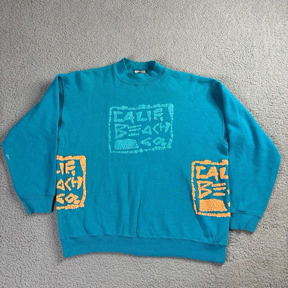 Vintage 80s California Beach Co. Tultex Sweatshirt Mens Large Teal Puffy Graphic
